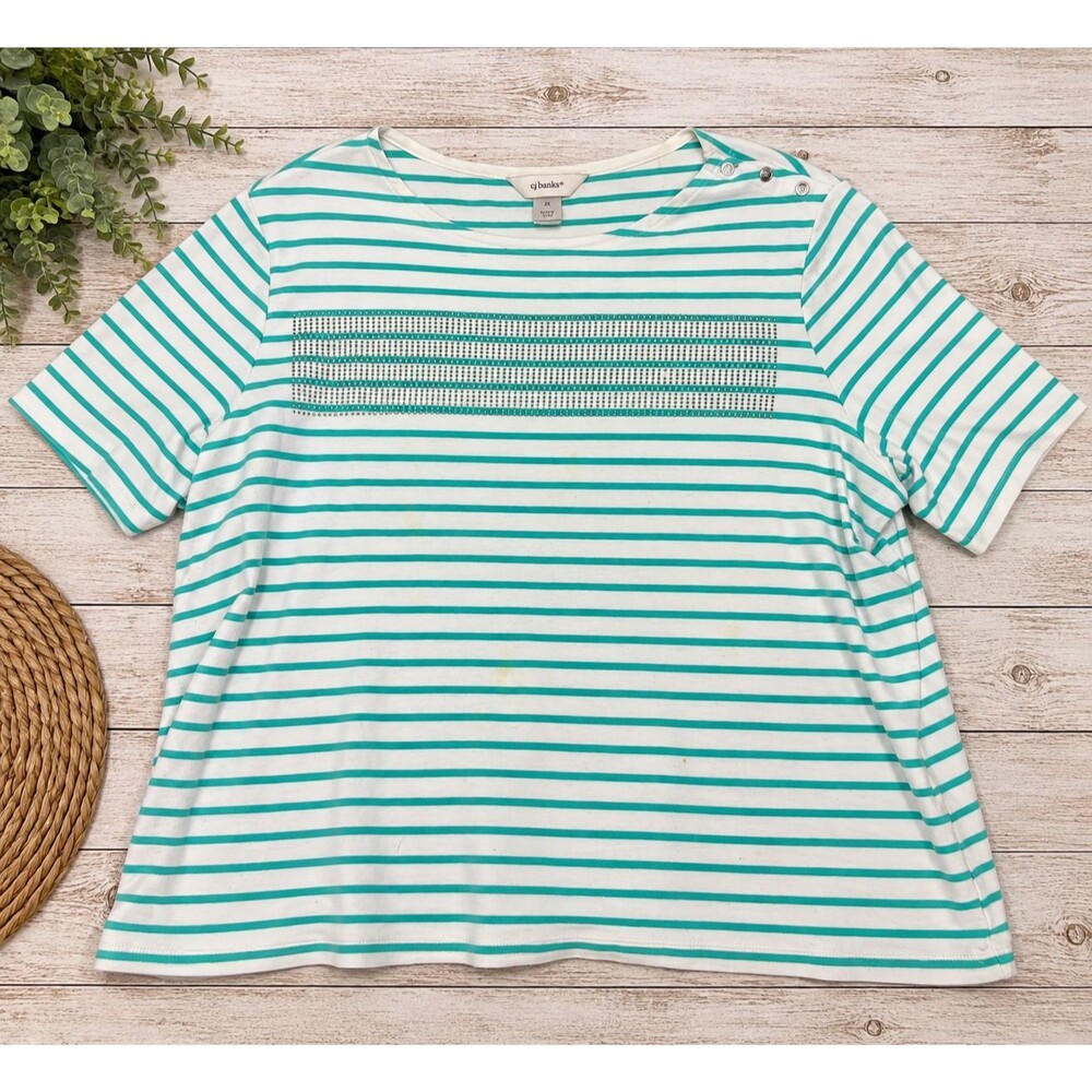 CJ Banks Womens 2X Turquoise White Striped Cotton Rhinestone Short Sleeve Top